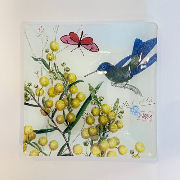 Blue Hummingbird & Pink Butterfly Ornate Small Glass Trinket Dish Jewelry Tray - Picture 1 of 6